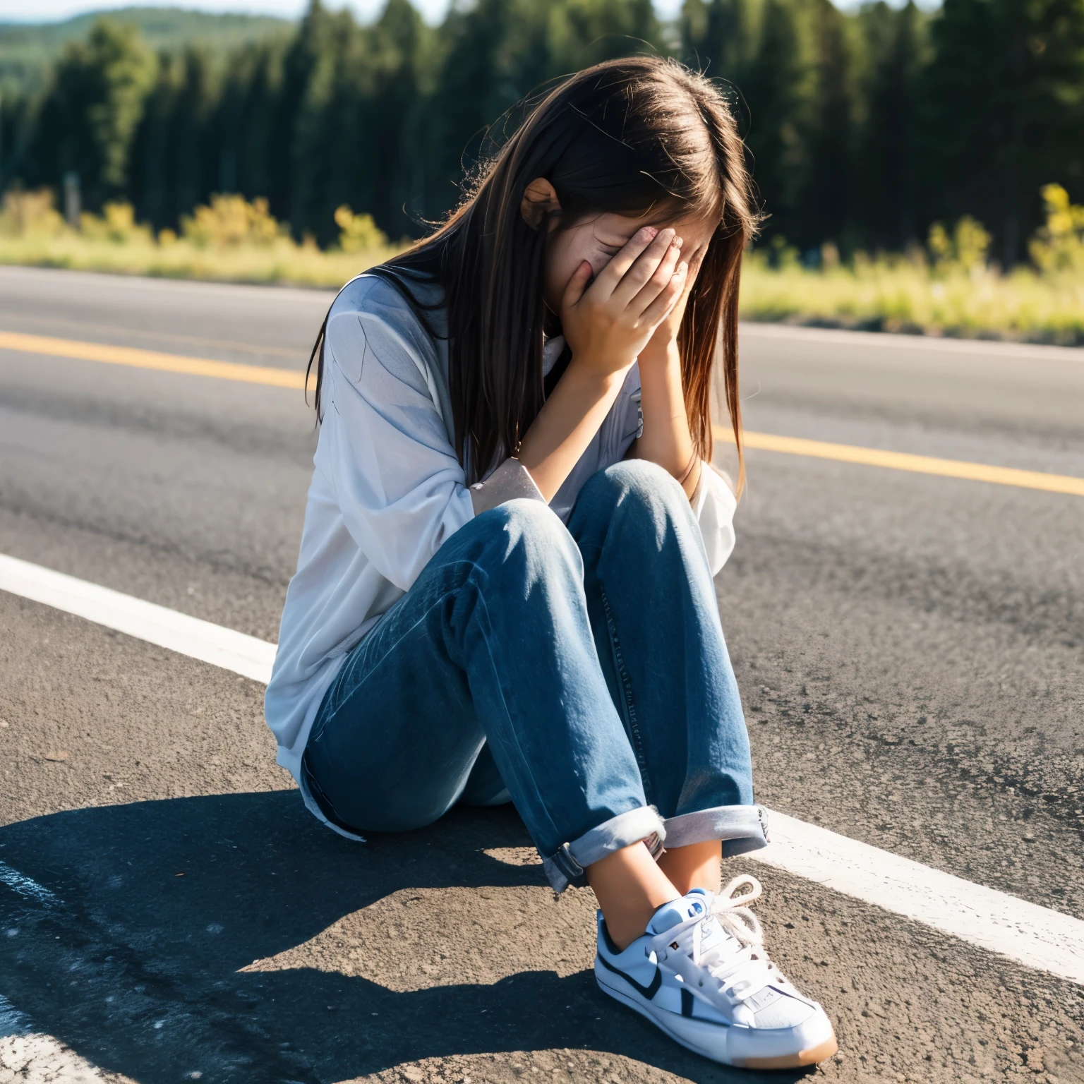 Poor usa girl crying on the road