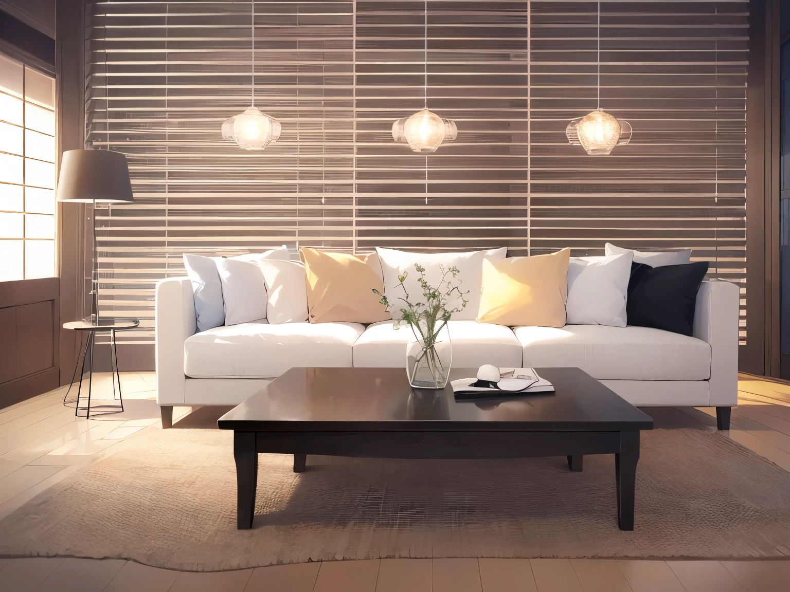 night, The background is the living room、sofa、table、ceiling