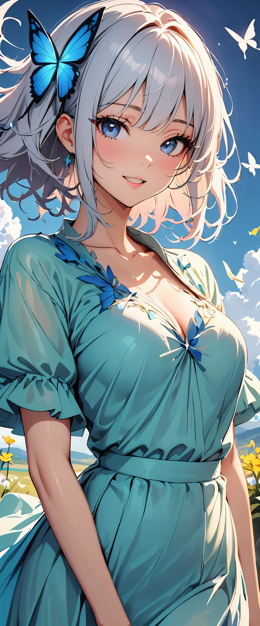 (highest quality:1.2, Very detailed, Latest, Vibrant, digital coloring, High Contrast, masterpiece:1.2, highest quality, Best aesthetics, spirit of the wind), 1 female, Silver Hair, Side Ponytail、(((Blue butterfly hair ornament, Blue Butterfly Dress:1.2))), (Lots of butterflies and flowers fluttering:1.2, fantasy landscape:1.4), Bright lighting, Beautiful world, New World, Blown by the gentle wind, (hot gaze, Hot, Rui々Beautiful lips, Glossy, Open Mouth, Leaking sigh), Accurate, Textured skin, Cowboy Shot, seductive smile, The beauty and danger of growing from a girl to an adult, A symbol of miraculous beauty.