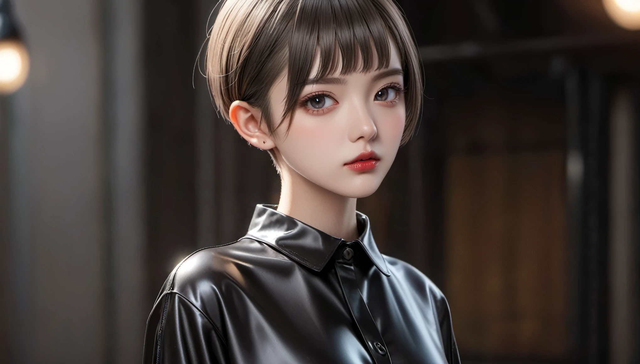 Top Quality, Masterpiece, High Resolution, 8k, (((skinny girl in oversized rubber shirt with bare back and hot pants, small perky breasts, beautiful detailed eyes, beautiful detailed lips, small closed mouth, extremely detailed face, pixie side shaved hair cut, small hips, behind back)))