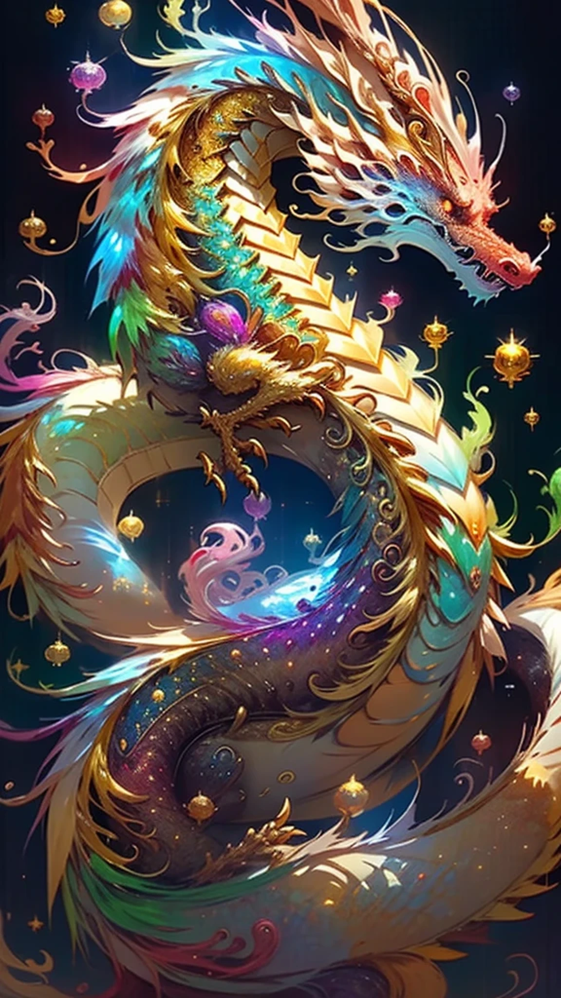Golden Dragon。Rainbow glowing scales。The dragon god is coming。Golden Splash、milky way、god々々right、Staring straight ahead、Redbeard
