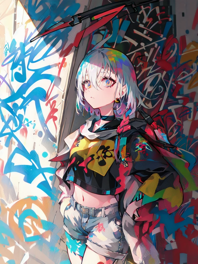 (best quality,1 woman,alone),(striped hair:white),(crop top:white),(sukajan coat),(dark denim shorts),(choker),(graffiti:1.25),(splash of color),(nonsense),(lean back),(leaning against the wall),(tilt to the side:0.125),(watch the audience),(armband),(thigh strap),(paint on body),(eyes aimed upwards),(heading down),(tilt your head),(from the side:0.9),(expressionless:0.75),(hand into pocket)