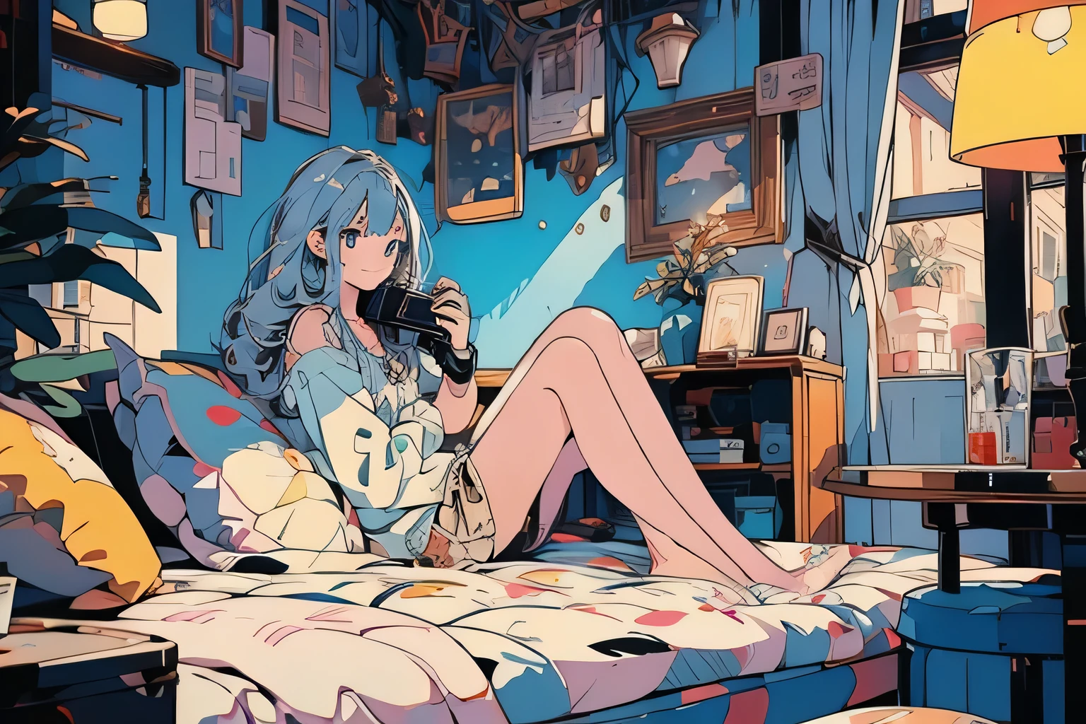 Masterpiece, flat art, girl with camera in fantastic room, eyes light blue and smiling, --aspect 3:2 