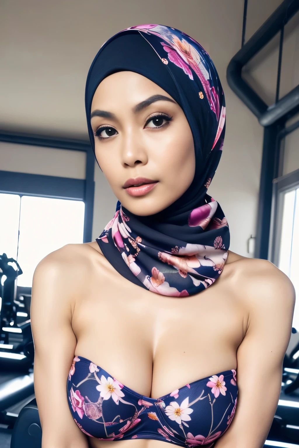 ((SHORT HIJAB)), ((Gigantic tits:1)), (dynamic photograph of a 58 year old Indonesian woman), (slim top, cotton panties), (straight non curly hair), (highly detailed face:1.4), (vascular muscles and abs:1.3), (background inside light, bright, private gym:1.1), (8k, uhd, dslr, high quality, cinematic lighting, bokeh), (dramatic, award winning photography, incredible masterpiece:1.3), (((sexy sultry stare at camera:0.8))), ((she is ready to dominate you:0.5)), ((beautiful feminine face)), add_detail:1, ((Colourful strapless floral pattern))