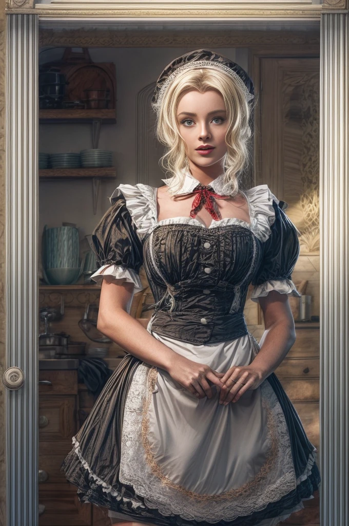 cute blond german maid full body photography,  photorealistic modern, in the style of ,  Artstation Deviant art Pinterest Cgsociety Behance Pixiv,  sunlight, ((victorian maid outfit)), very huge , cleavage, thick tighs, kitchen background, young face, smooth and pale skin, (marylin monroe haircut), blue eyes,  intricate scenery HDR post-processing 4k cinematic fine details very detailed trending on artstation