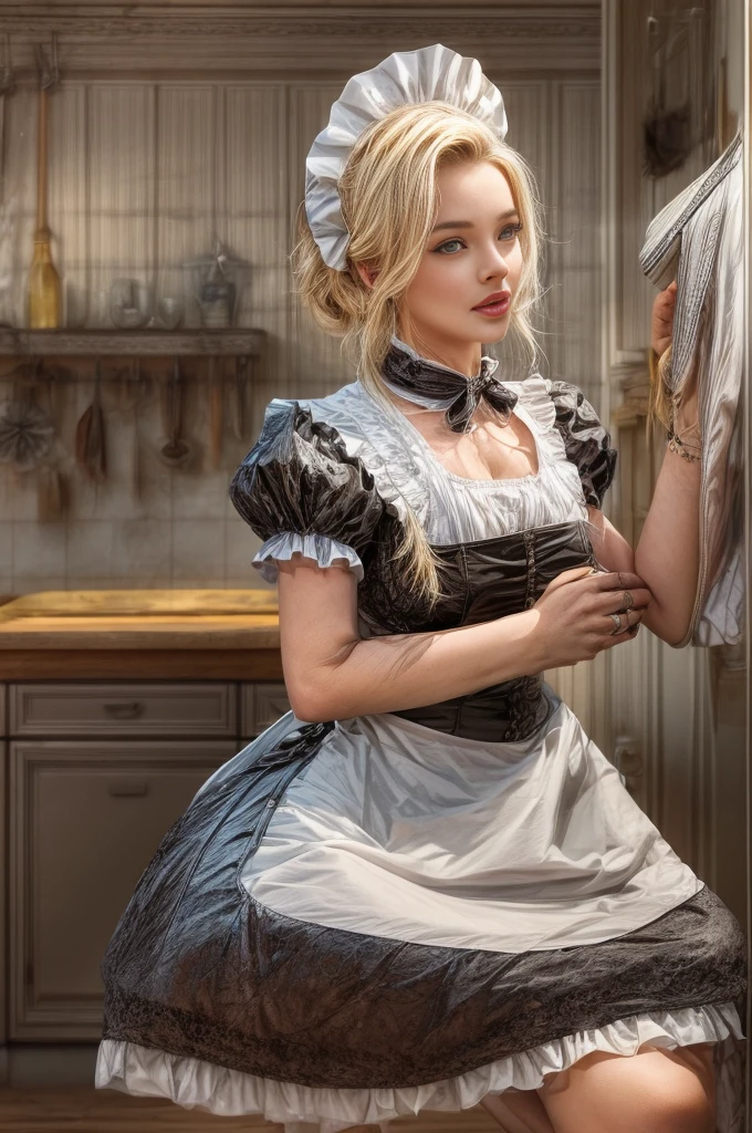 cute blond german maid full body photography,  photorealistic modern, in the style of ,  Artstation Deviant art Pinterest Cgsociety Behance Pixiv,  sunlight, ((victorian maid outfit)), very huge , cleavage, thick tighs, kitchen background, young face, smooth and pale skin, (marylin monroe haircut), blue eyes,  intricate scenery HDR post-processing 4k cinematic fine details very detailed trending on artstation