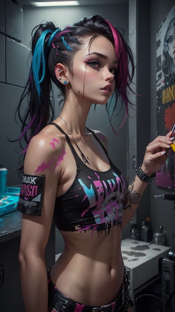 Beautiful girl , punk style hair, slim fit body , tank top mini skirt, slim waist, rosy lips , black eyes, paint over her body