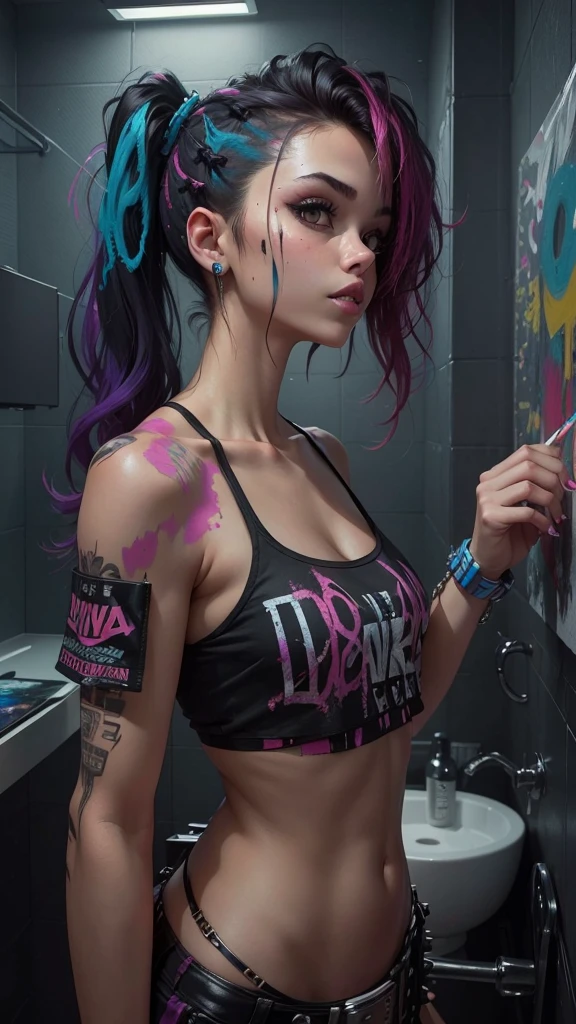 Beautiful girl , punk style hair, slim fit body , tank top mini skirt, slim waist, rosy lips , black eyes, paint over her body