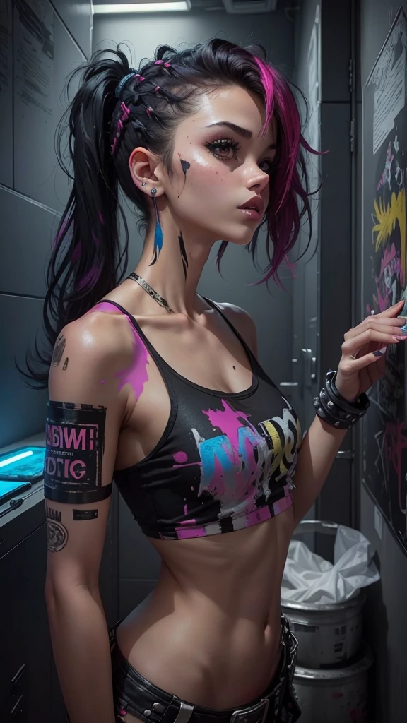  Beautiful girl ,  punk style  hair, slim fit body , tank top   mini skirt, slim waist, rosy lips , black eyes, paint over her body