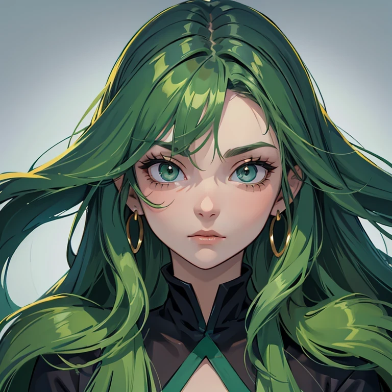 green hair, Green eyes, big hair, absurdly long hair, angry, Blank Background, Dark blue clothes, character chart, first-person view, close-up
