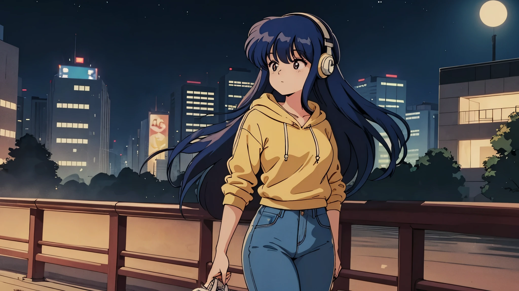 (90s anime),(city pop),(Ghibli),(ultra-detailed,master piece,best quality,high resolution,perfect eyes,perfect hands,ultra-detailed eyes,perfect fingers),(A girl wearing a blue hoodie, blue pants, and headphones is walking alone in the park at night.), (expressionless girl),(the girl doesn't look this way),(profile),(long hair)
