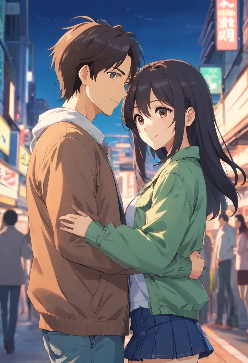 A man and a woman aged 19 years, the man is very handsome with black hair and brown eyes, the man wears a green jacket and white t-shirt, and the man wears black jeans , while the woman is very beautiful with long black hair and brown eyes, the woman has large breasts, the woman wears a white shirt and a black mini skirt, the woman hugs the man's hand while looking at him with a smile