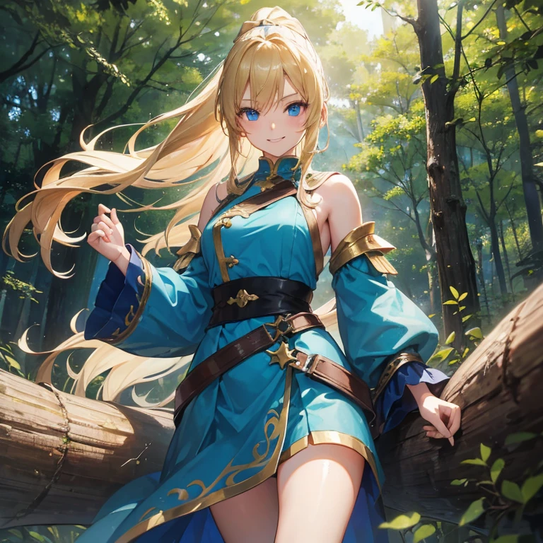 Girl,blond and straight and long hair in a ponytail, huge , blue eyes, leaning to a tree in a forrest, big smile, thight dark fighting dress with gold decorations,  very visible, half naked, age of 25