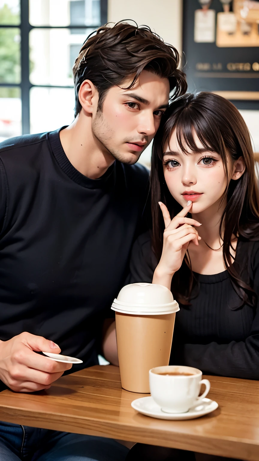 Beautiful man and woman drinking coffee at a cafe