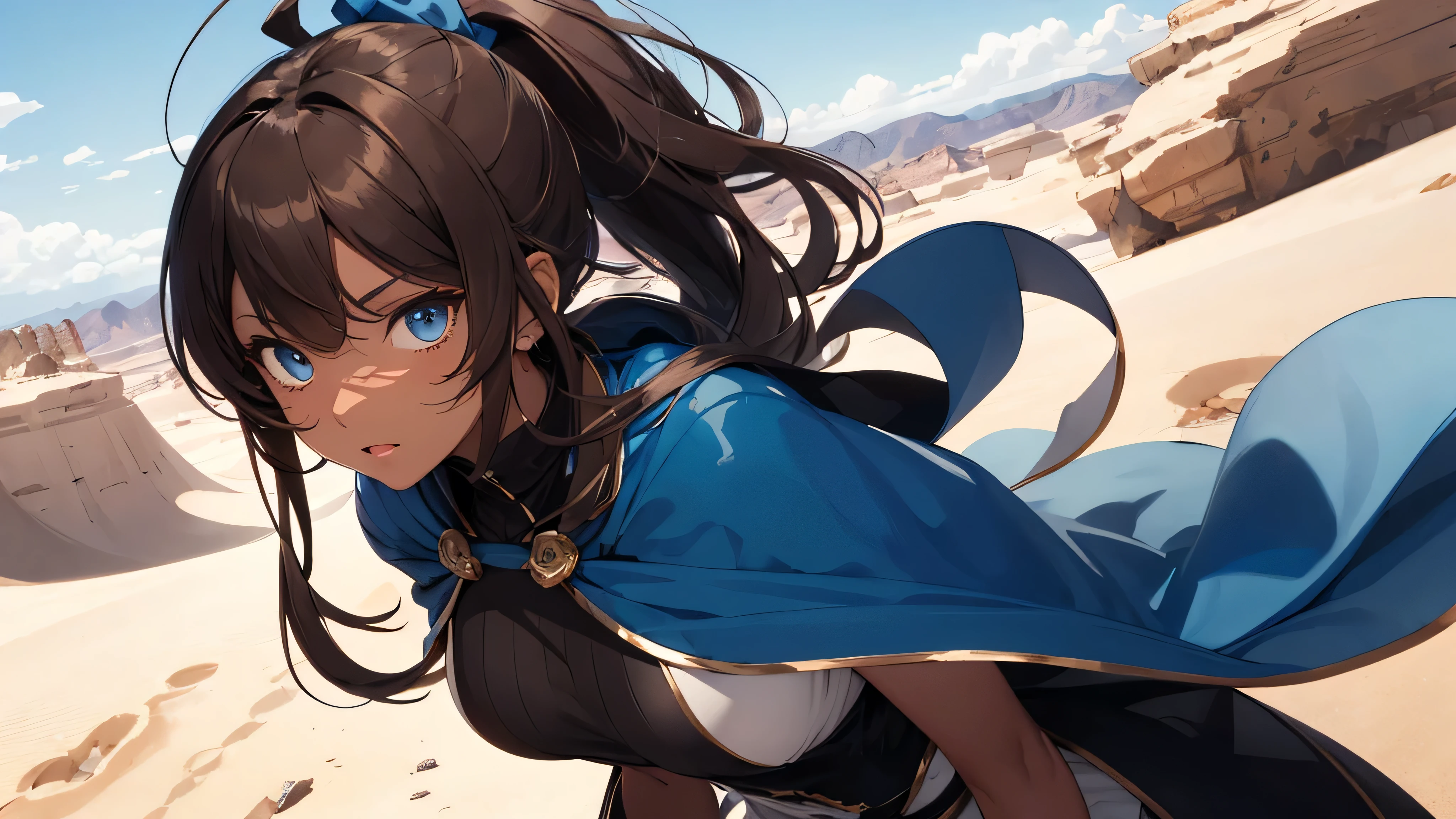 Ponytail,Light dark skin girl with long wavy brown hair with bangs and blue eyes wearing a blue mage outfit in a desert. 