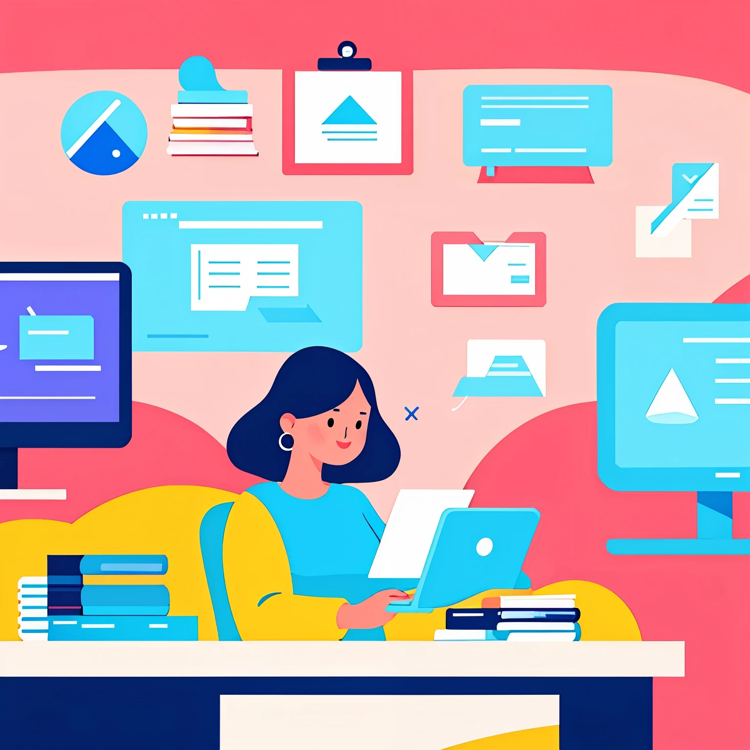 A woman is working on a computer in a room with various objects, featuring editorial illustrations in pastel, James Gillard's style, flat style illustrations, digital style illustrations, magazine illustrations in modern style, Rutkovsky style, and programmatic digital illustrations