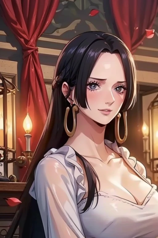 best quality, masterpiece, highly detailed,1girl, ((rose)), (vine), cage, bandage, red rope, (detail light), falling rose petals, Boa Hancock, , (masterpiece:1.5), Detailed Photo, Smiling, Sexy, (8K, Best Quality: 1.4), (1girl), Beautiful Face, (anime realistic Face), (Black Hair, long Hair: 1.3), Beautiful Hairstyle, Realistic eyes, beautiful detail eyes, (white skin), beautiful skin, absurd, attractive, ultra high resolution, ultra realistic, high definition, golden ratio, (sexually aroused:1.5), Pinkish white skin, cool white light, sexy pose, Beautiful , white background, pink soft white light, Wear a white dress, mature, wife, wearing glasses