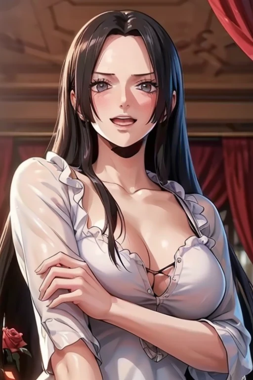 best quality, masterpiece, highly detailed,1girl, ((rose)), (vine), cage, bandage, red rope, (detail light), falling rose petals, Boa Hancock, , (masterpiece:1.5), Detailed Photo, Smiling, Sexy, (8K, Best Quality: 1.4), (1girl), Beautiful Face, (anime realistic Face), (Black Hair, long Hair: 1.3), Beautiful Hairstyle, Realistic eyes, beautiful detail eyes, (white skin), beautiful skin, absurd, attractive, ultra high resolution, ultra realistic, high definition, golden ratio, (sexually aroused:1.5), Pinkish white skin, cool white light, sexy pose, Beautiful , white background, pink soft white light, Wear a white dress, mature, wife, wearing glasses