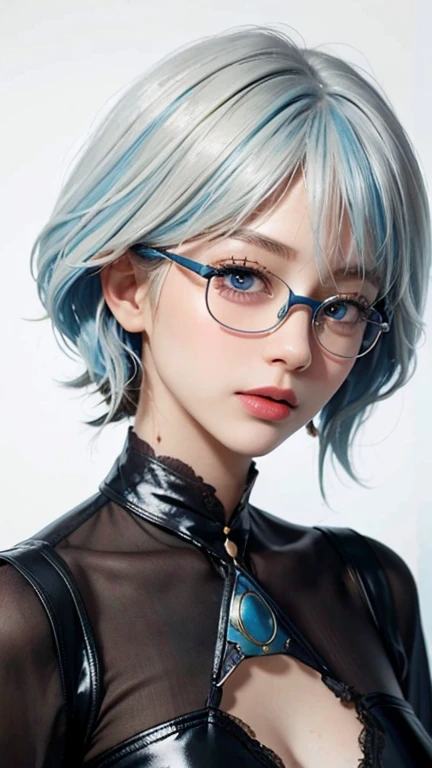 masterpiece, best quality, 8k,masterpiece, (masterpiece, best quality, high resolution), Color paint background((acrylic paint, (splash of color, splash ink, splash of color)) , Detailed skin texture, Detailed fabric texture, beautifull detailed face, intricate details, Super detailed, Portrait of Rei Ayanami, blue hair, blue eyes, wear glasses(focus),head tilt,super huge