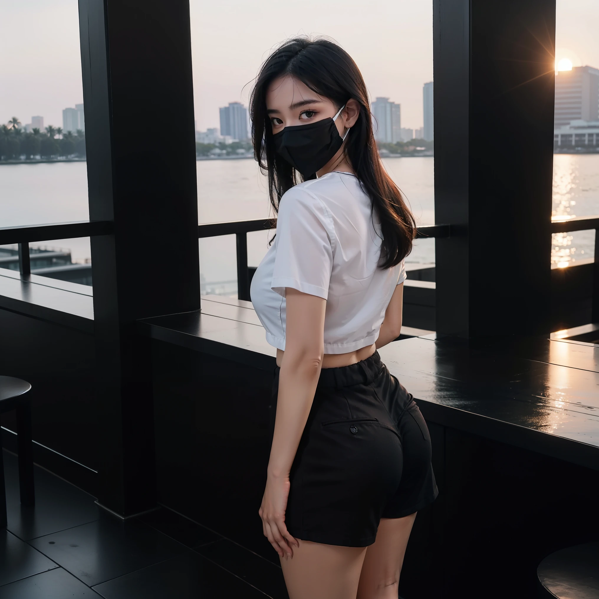 Wear black high waisted shorts,White shirt,Plump butt,The back view is also attractive,Wear a mask,Full-body photos disappear,Sunset Cocktails