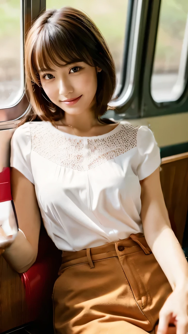 depth of field, cinematic lighting, uhd, masterpiece, anatomically correct, textured skin, 8k, Detailed eyes、Detailed face、Detailed expression、Cowboy Shot、One Japanese woman、Age 35、Light Brown Hair,、 Dark brown eyes、Facing the camera、Bright smile、Plain white T-shirt and long skirt、High heels、Watching the audience、Cafe、