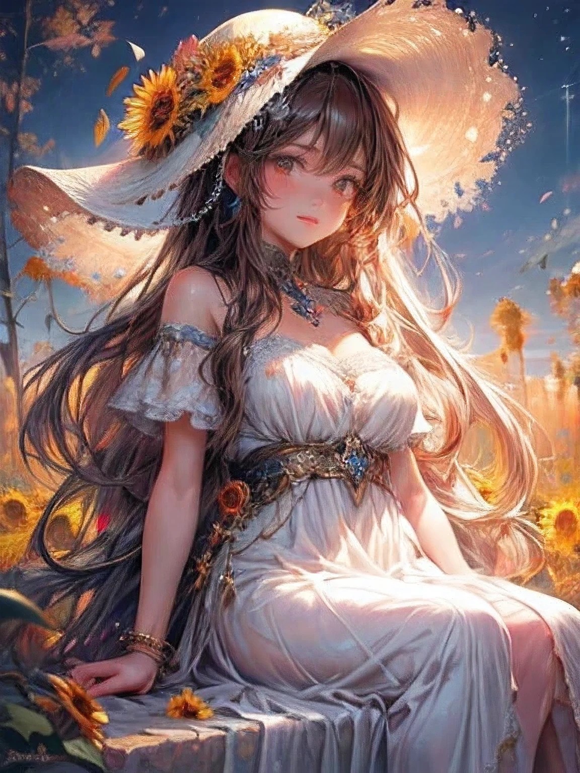 masterpiece:1.2, 8k, photorealistic:1.37, cute girl, sparkling eyes, shining lips, beautiful detailed eyes, beautiful detailed lips, long eyelashes, flowing hair, joyful expression, vibrant dress, sitting on a grassy field, surrounded by colorful sunflowers:1.2, wearing a stylish hat, a warm and sunny day, soft natural lighting, vivid colors, medium: oil painting, ultra-detailed, realistic, bokeh, dynamic action