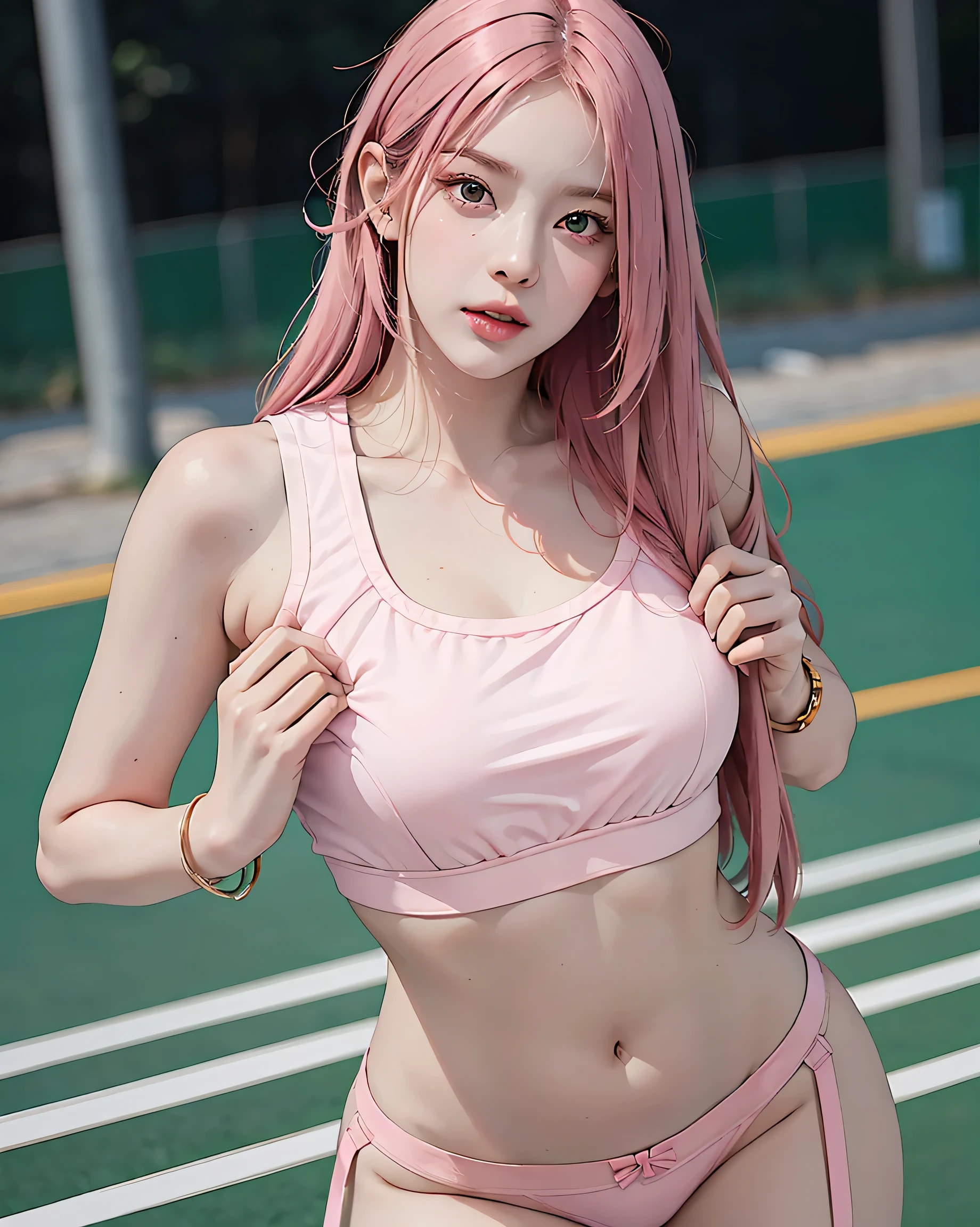 Perfect Style, Beautiful Face, Highly detailed face and skin texture, (Maximum resolution: 1.2), 1 female, alone, Hip Up, jewelry, tattoo, Panties, Play sports often, Pink Hair, Sports Bra,(((Thong))), (((Tight waist))), ((Big Breasts))