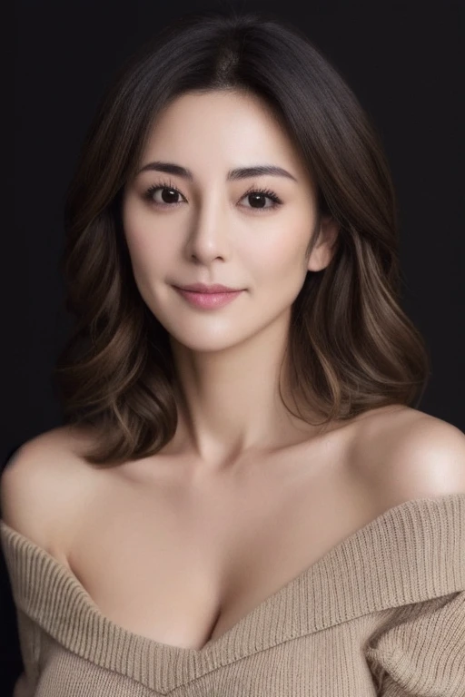 bewitching、Alluring、suspicious、Ultra-high resolution, masterpiece, highest quality, perfect glowing skin, Perfect lighting, Detailed lighting, Muscular Japanese middle-aged woman, 55 years old、, Beige lightweight knit, Looking at the camera, Off the shoulder, Brown wavy hair with highlights、Big Breasts, Large exposed cleavage, Black double eyelids, Browsing Caution, ((Dark Background)), Sexy Face, Facial expressions when feeling happy,whole body、Loose skin