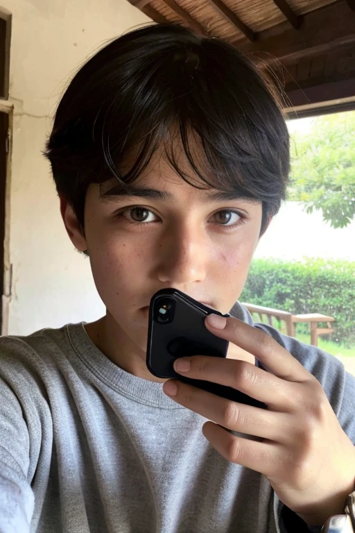Take an image of a -yeld borom Spain taking a selfie with his cell phone (IPhone) en donde su apariencia es cabello ondulado, corto, ojos cafe, thin and small nose, facciones muy finas, muy guapo, demasiado guapo y que sea realista demasiado realista que no parezca ai si no una foto normal
