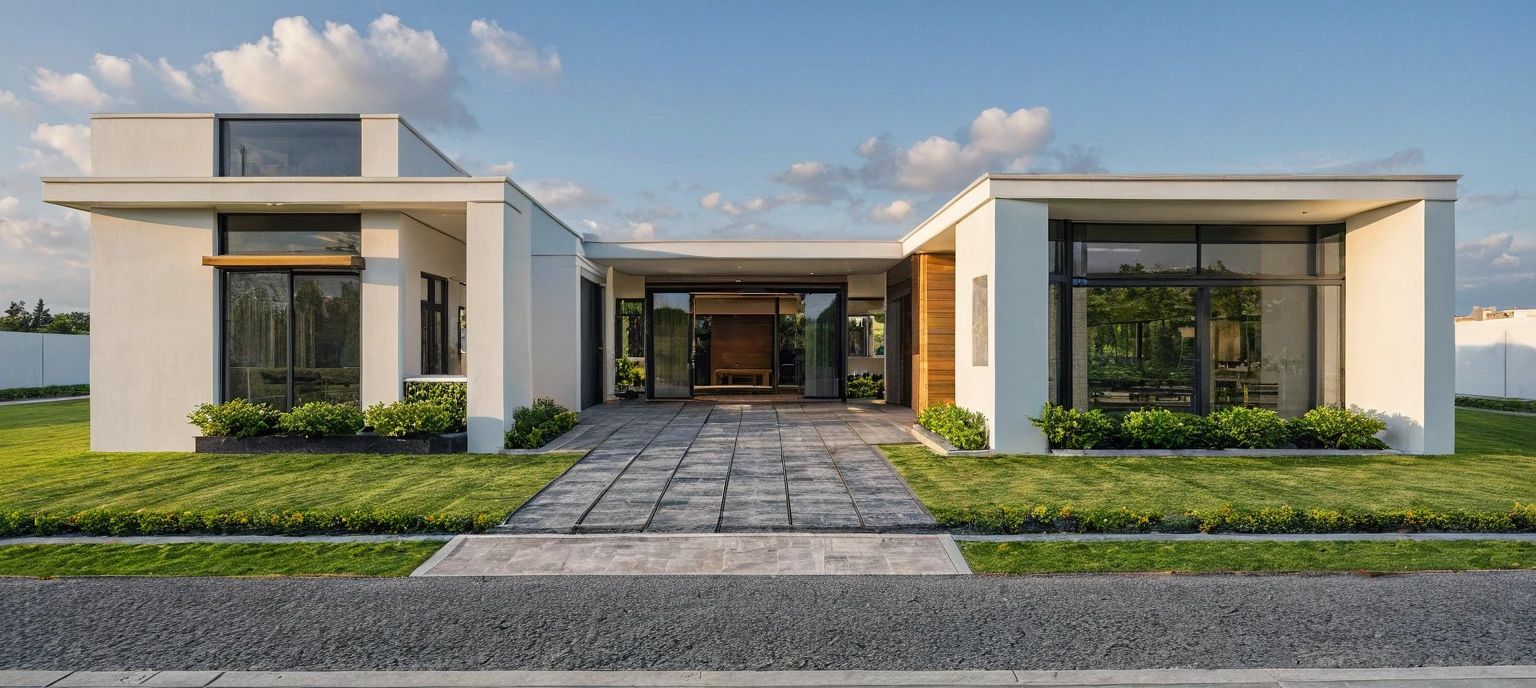 Masterpiece, high quality, best quality, authentic, super detail, outdoors, onestoreyvillaXL, aiaigroup, house style modern on the street ,stairs, white wall ,road,pavement, grass, trees, sky, cloud, (daylight:1.1)