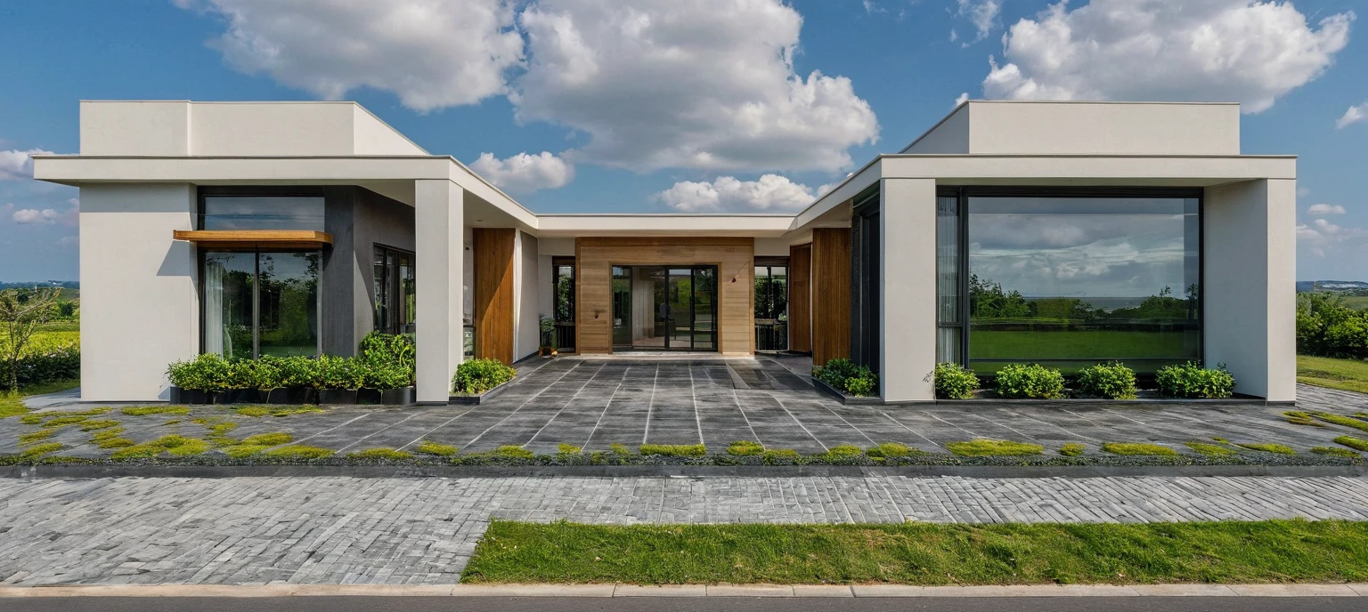 Masterpiece, high quality, best quality, authentic, super detail, outdoors, onestoreyvillaXL, aiaigroup, house style modern on the street ,stairs, white wall ,road,pavement, grass, trees, sky, cloud, (daylight:1.1)