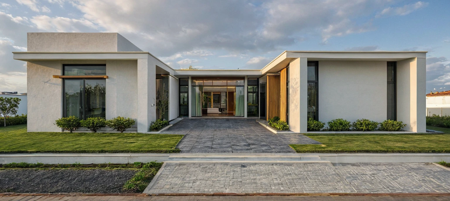 Masterpiece, high quality, best quality, authentic, super detail, outdoors, onestoreyvillaXL, aiaigroup, house style modern on the street ,stairs, white wall ,road,pavement, grass, trees, sky, cloud, (daylight:1.1)