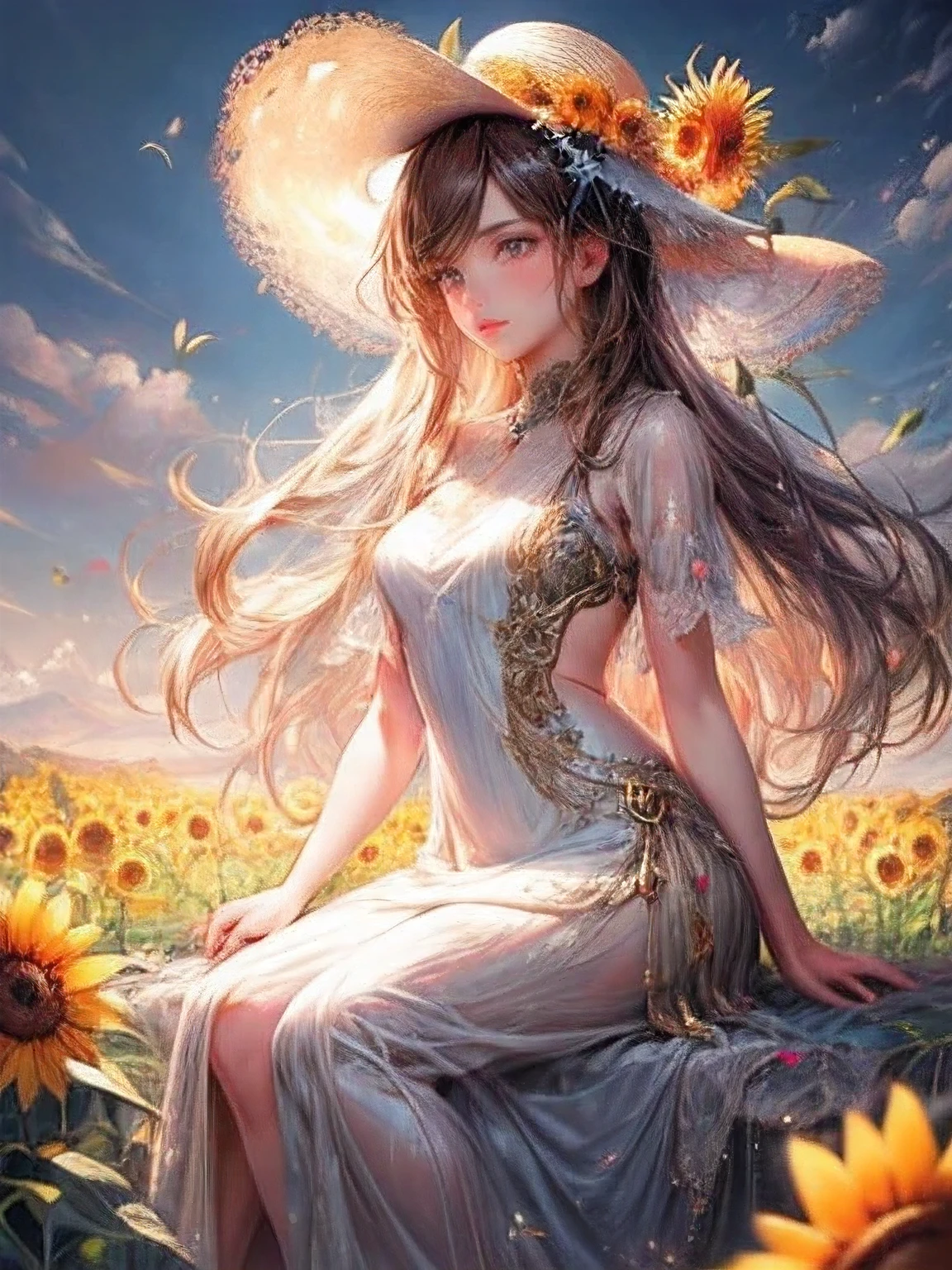 masterpiece:1.2, 8k, photorealistic:1.37, cute girl,  sparkling eyes, shining lips, beautiful detailed eyes, beautiful detailed lips, long eyelashes, flowing hair, joyful expression, vibrant dress, sitting on a grassy field, surrounded by colorful sunflowers:1.2, wearing a stylish hat, a warm and sunny day, soft natural lighting, vivid colors, medium: oil painting, ultra-detailed, realistic, bokeh, dynamic action