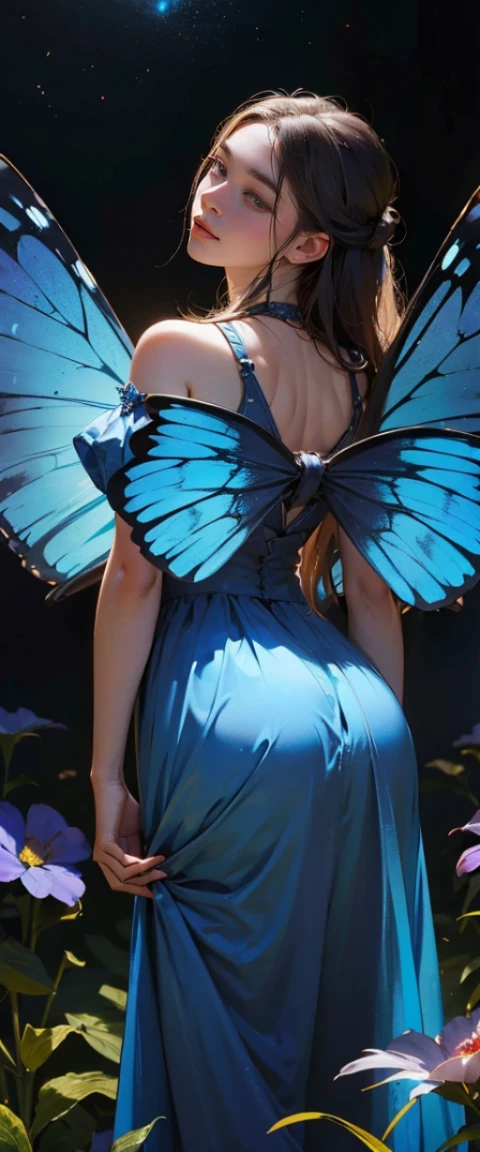 ((masterpiece, highest quality, Highest image quality, High resolution, photorealistic, Raw photo, 8K)), ((Extremely detailed CG unified 8k wallpaper)), A lone blue butterfly fluttering in the starry sky, Huge butterfly wings from the back, (blue glowing wings), Blue wings shining in the dark night, summer dress fluttering,