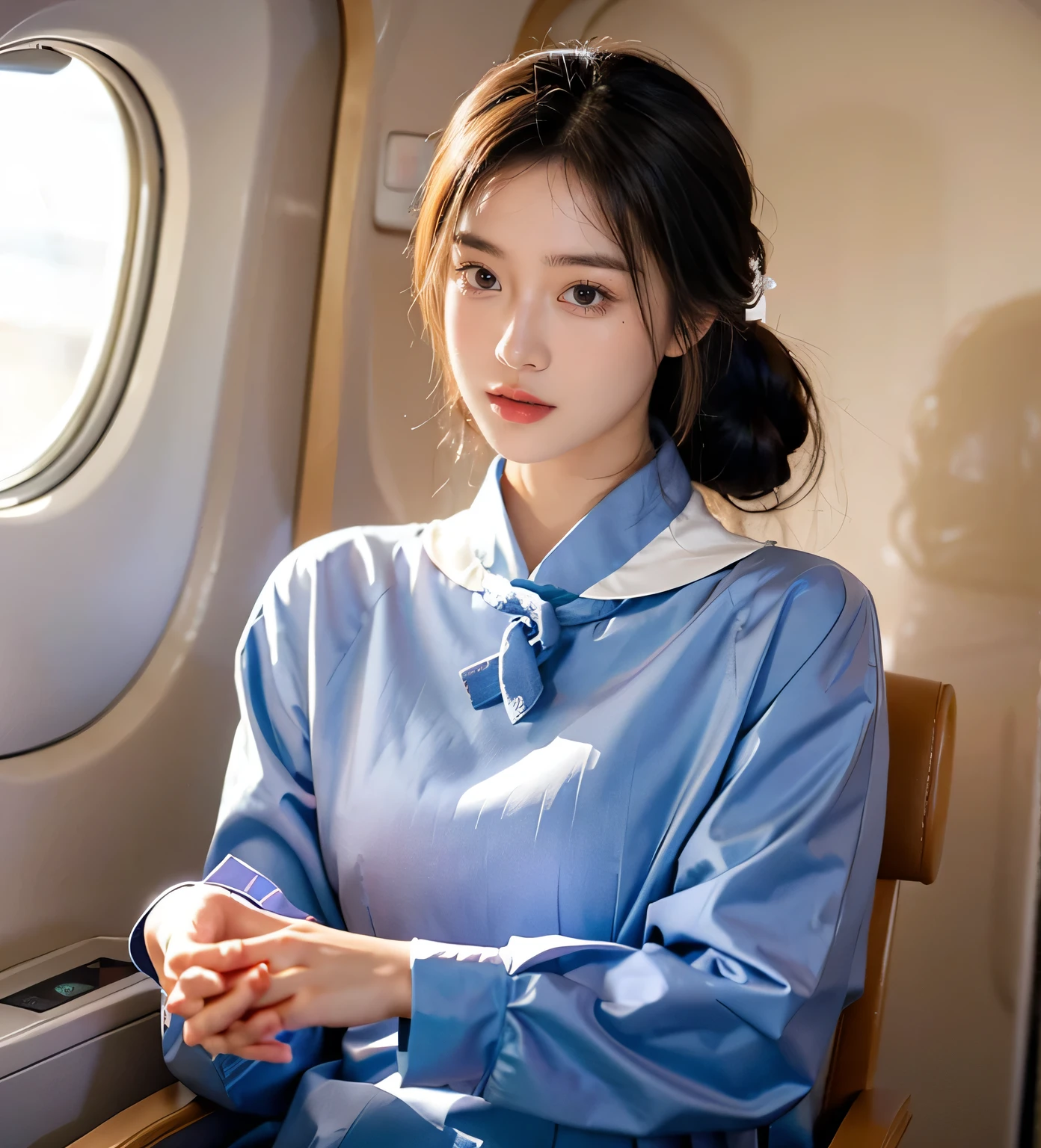 (goddess-like happiness:1.2), Stewardess, shoulder-length hair, Korean Style Bun, The hair is neatly tied up, on the plane, elegant, stunning, gorgeous, vivid, masterpiece, glamorous, realistic, aesthetic, depth of field, Best quality, masterpiece, ultra high res, photorealistic, raw photobest ratio, cinematic lighting, Korean Style, (RAW photo:1.2), (photorealistic:1.4), (masterpiece:1.3), (intricate details:1.2), A glamorous Korean beauty stewardess walks confidently and elegantly in the cabin of an Korean airliner wearing an Korean stewardess uniform.