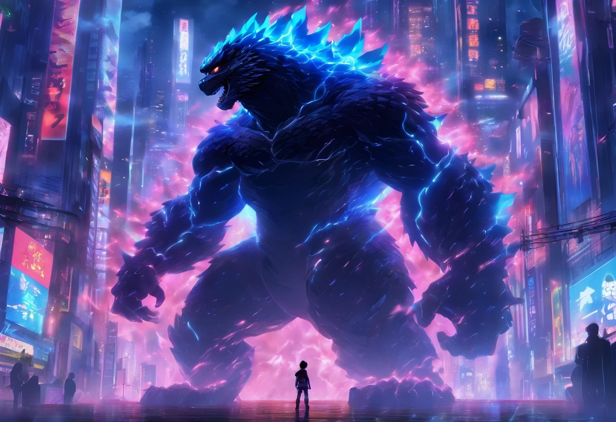 (masterpiece, best quality:1.1),
(8k, best quality, masterpiece, ultra highres, ultra-detailed:1.2),future technology,godzilla vs king kong,fighting pose,(glowing electronic screen),(Electronic information flow:1.3),Holographic projection,whole body,Multi-wire striations,Luminous text on thigh,(boy pose:1.2),whole body,Colored smoke,City,skyscraper,neon lights，