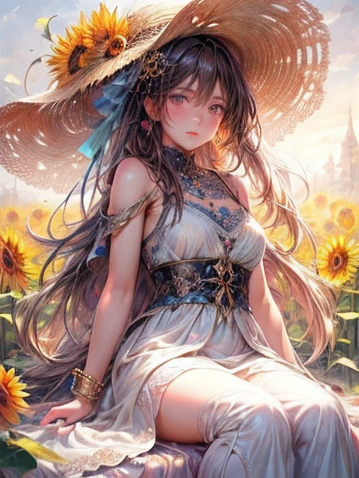 masterpiece:1.2, 8k, photorealistic:1.37, cute girl, sparkling eyes, shining lips, beautiful detailed eyes, beautiful detailed lips, long eyelashes, flowing hair, joyful expression, vibrant dress, sitting on a grassy field, surrounded by colorful sunflowers:1.2, wearing a stylish hat, a warm and sunny day, soft natural lighting, vivid colors, medium: oil painting, ultra-detailed, realistic, bokeh, dynamic action