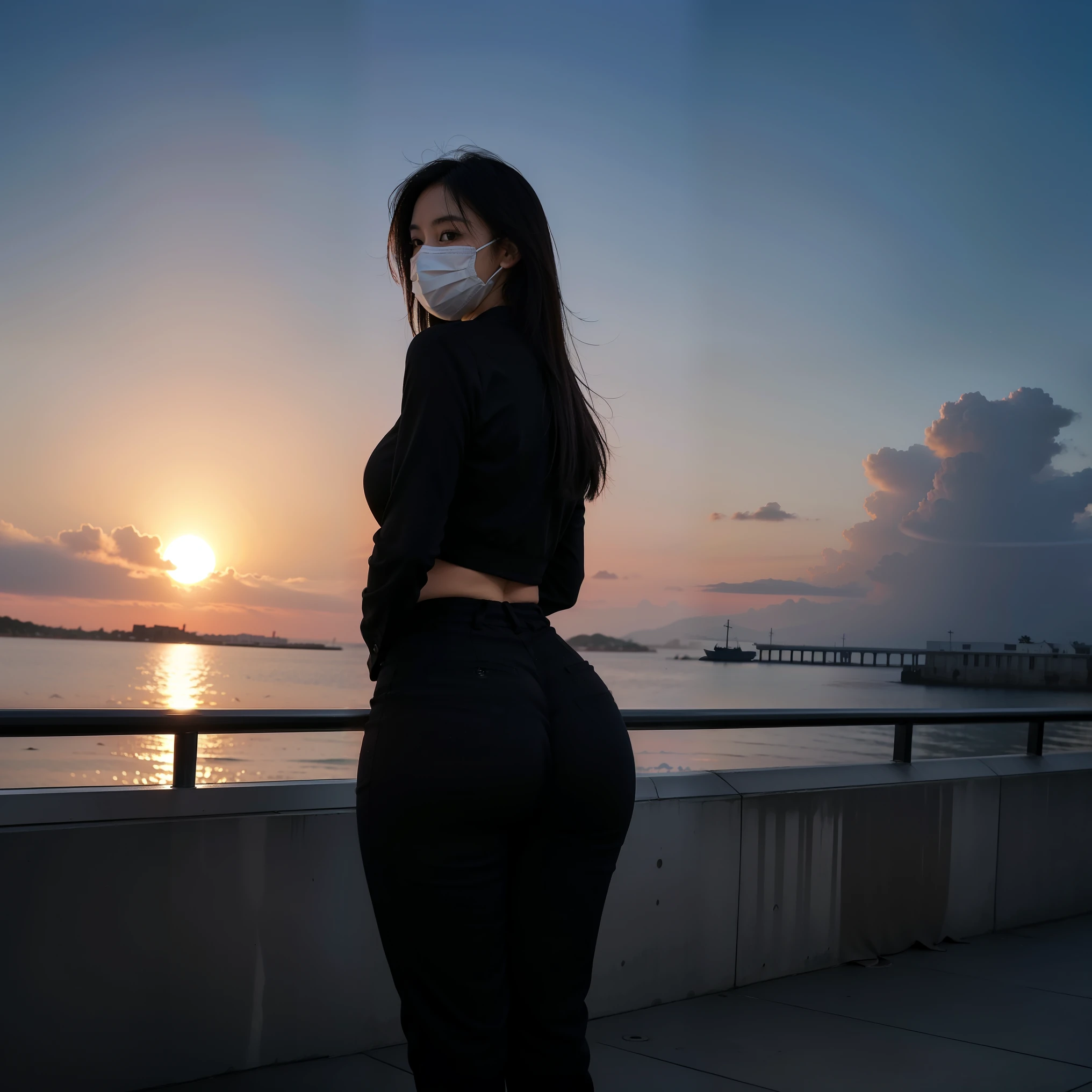 Wear high-waisted black pants，shirt，Plump butt，The back view is also attractive，Wear a mask，Full-body photos disappear，Sunset Cocktails