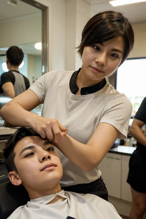 Please generate pictures based on the following text content:You are a female hair cutter serving boys at a barber shop in Taipei, Taiwan.