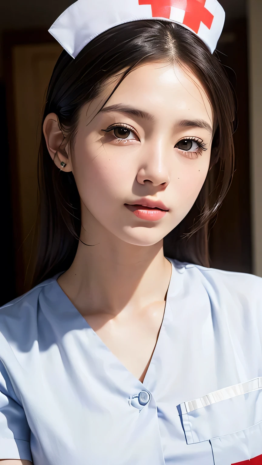 (masterpiece:1.3)、Super detailed finish、(High resolution、8k:1.3)、(highest quality、Super realistic like a photo:1.5)、sharp focus, ultra high definition face、Face is in focus、Ultra high definition and beautiful eyes、Eyes are symmetrical:1.3、High-definition and beautiful skin、firm skin、Japanese girl, 18 years old、(nurse、Wearing a white nurse uniform:1.4)、(nurse)、(Wearing a white nurse&#39;s:1.2), Very cute、very cute、The photo shows from the chest up、natural make, glossy lips、Strange look, anxious look、blush:1.3, embarrassed:1.3、looking at viewer ，hair is tied at the back of the head