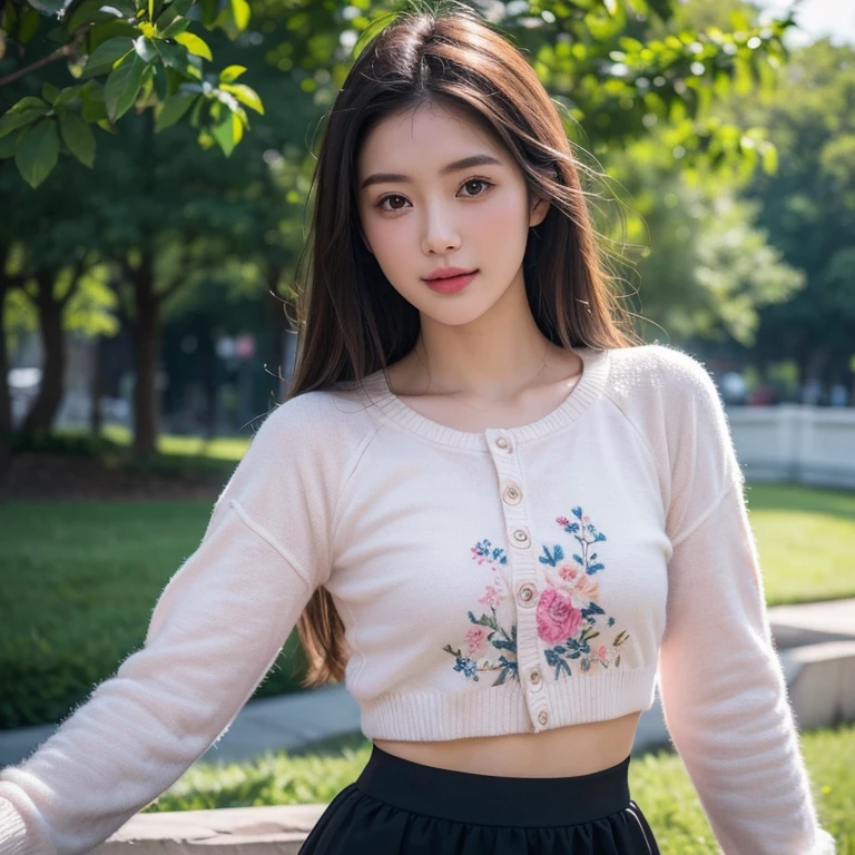 (masterpiece, best quality , high resolution:1.2), (photo realistic:1.2), (intricate and beautiful:1.2) , detailed light, bright light, (colorful and dynamic angle), upper body shot, fashion photography, 1 girl, acmm ls outfit, wearing white acmm print with small pink flower top with buttons, long sleeves, wearing acmm long pink tight skirt, posing for photo, long straight hair, teasing look, gazing with a playful and teasing expression, igniting curiosity and attraction, attractive, outdoors, scenery, traditional media, sky, day, photo background, real world location, 

