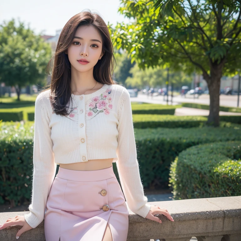 (masterpiece, best quality , high resolution:1.2), (photo realistic:1.2), (intricate and beautiful:1.2) , detailed light, bright light, (colorful and dynamic angle), upper body shot, fashion photography, 1 girl, acmm ls outfit, wearing white acmm print with small pink flower top with buttons, long sleeves, wearing acmm long pink tight skirt, posing for photo, long straight hair, teasing look, gazing with a playful and teasing expression, igniting curiosity and attraction, attractive, outdoors, scenery, traditional media, sky, day, photo background, real world location, 

