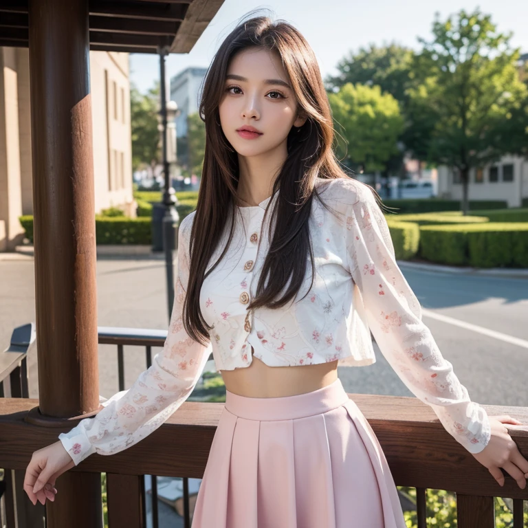 (masterpiece, best quality , high resolution:1.2), (photo realistic:1.2), (intricate and beautiful:1.2) , detailed light, bright light, (colorful and dynamic angle), upper body shot, fashion photography, 1 girl, acmm ls outfit, wearing white acmm print with small pink flower top with buttons, long sleeves, wearing acmm long pink tight skirt, posing for photo, long straight hair, teasing look, gazing with a playful and teasing expression, igniting curiosity and attraction, attractive, outdoors, scenery, traditional media, sky, day, photo background, real world location, 

