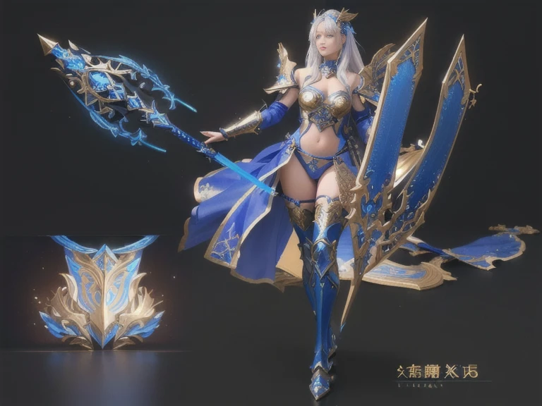 One wearing blue clothes、Close up of woman holding sword, Super detailed fantasy characters, 3D Rendering Character Art 8K, Big Breasts,Cleavage,Bikini armor female knight, 8k high quality detailed art, full body xianxia, 3D Goddess Minerva, Hand painted texture on model, Wow 4k detail fantasy, Epic Mage Girl Character, Valkyrie-style character