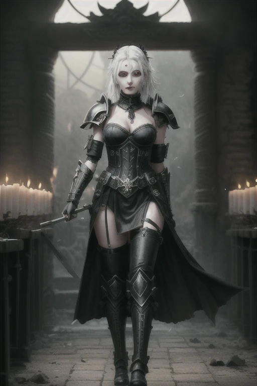 ((Masterpiece, best quality,edgQuality)), solo, 1girl, edgAdepta, short messy white hair, full height, legs are visible, black lips, dark goth makeup, photorealistic , wearing edgAdepta, power armor, shoulder armor, legs armor, skull emblem, ((inside the ancient Gothic-style temple dedicated to the emperor of mankind, white wax candles are burning everywhere, banners with a skull hang, sunlight makes its way through the dust in the air from the window)), dynamic pose,