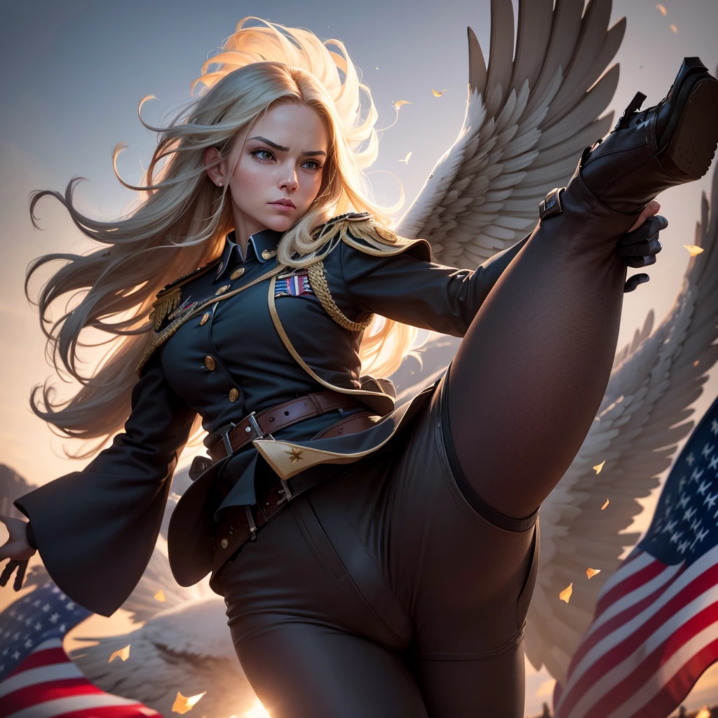 Zoom in to reveal 3D stars and letters forming patriotic symbols, celebrating the Fourth of July in a visually stunning composition. Add a touch of grandeur to this national holiday. enormous tits, (full body:1.5)