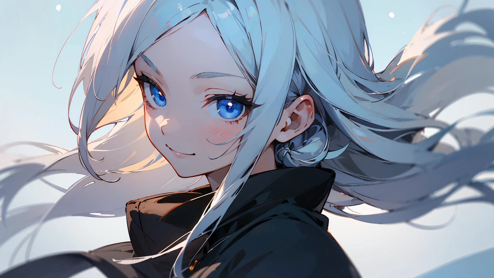 1 girl、anime painting、silver hair、blue eyes、evil smile、From the side、upper body close-up、winter