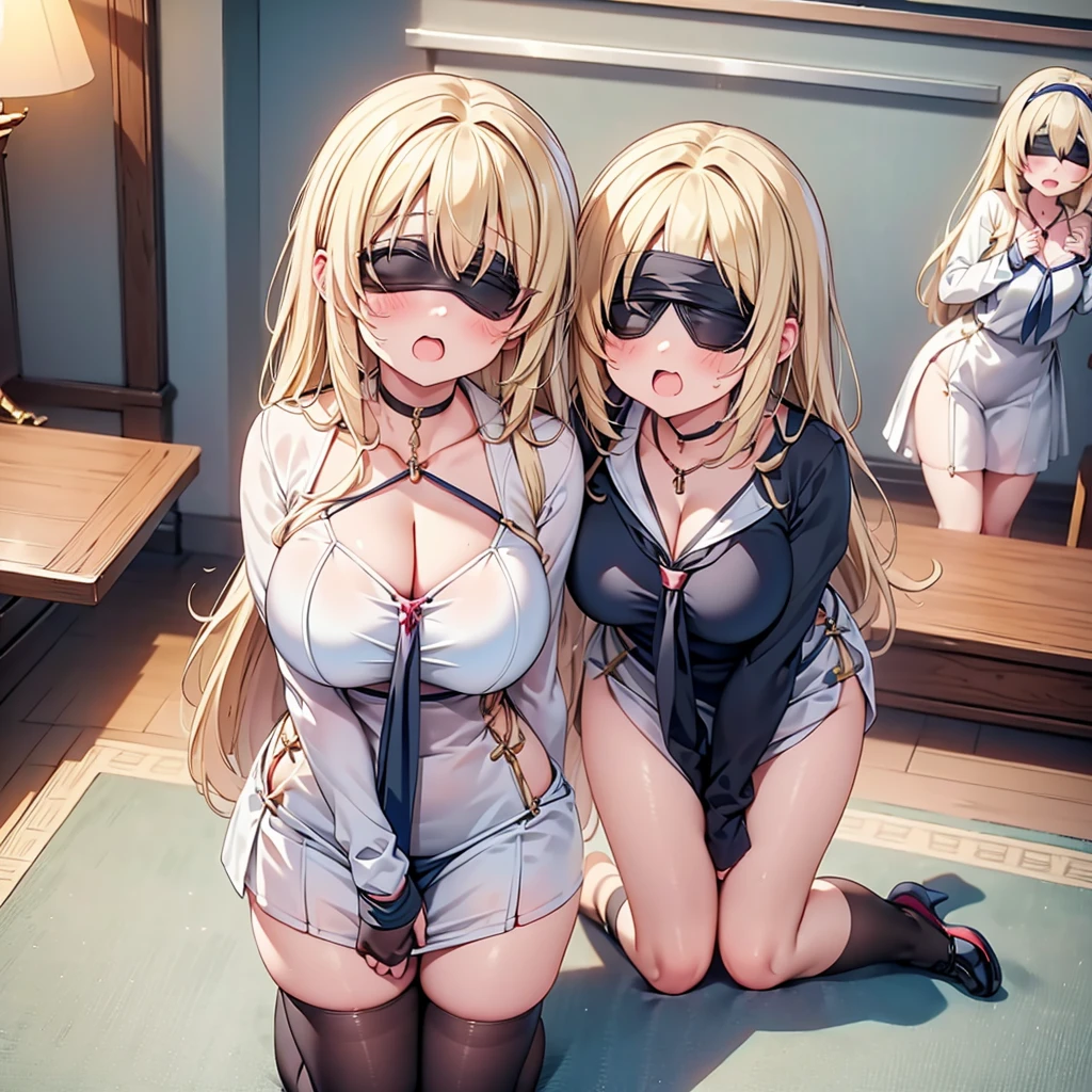 highest quality,wonderful,finely,extremely detailed CG Unity 8K wallpaper, (3 girls, Stand in line:1.3), (blonde, clothed), (huge breasts), (all fours:1.3), (open mouth:1.1), (long tongue:1.1), (mouth drool:1.1), (black stockings:1.1),(Thighs:1.1),(Waistline:1.1),(cleavage),(black blindfold, blindfold:1.5),(from above:1.4)