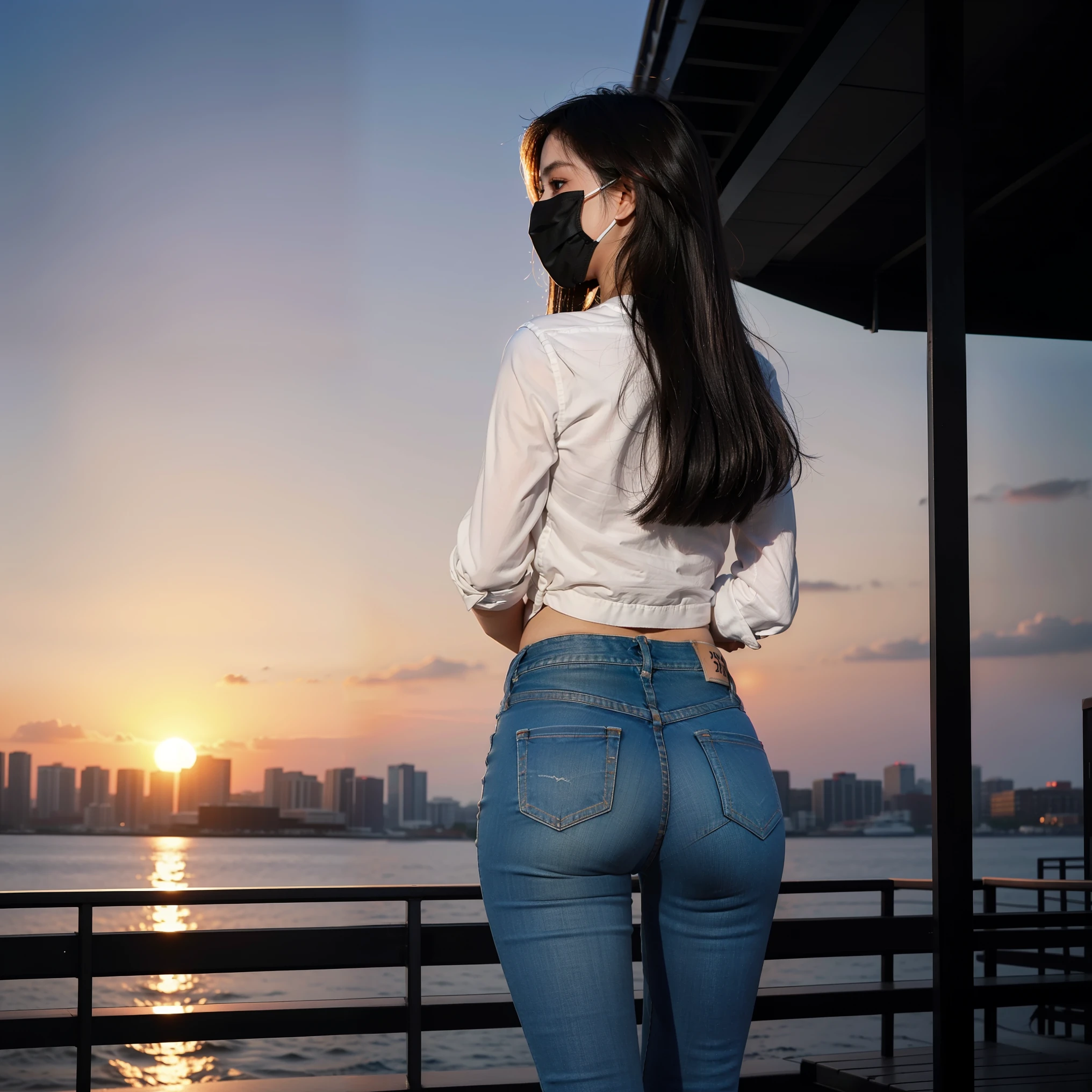 wear skinny jeans,shirt,Plump butt,The back view is also attractive,Wear a mask,Full-body photos disappear,Sunset Cocktails