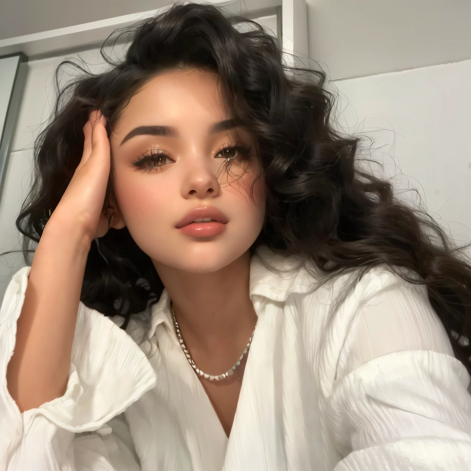 araffed woman with long curly hair sitting in a bathroom, portrait demi rose, selena gomez, portrait sophie mudd, portrait of demi rose, gorgeous latina face, looks like laura barriales, clear portrait of demi rose, soft devil queen madison beer, isabela moner, demi rose, mixed art, sultry look, profile image, gorgeous lady